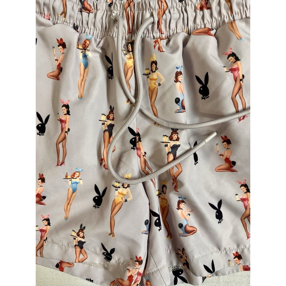 Playboy Bunny Shorts Men’s M Gray Pin Up Girls Swim Trunks Lounge Y2K - Picture 4 of 8